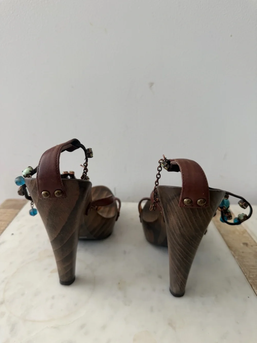 Giuseppe Zanotti Brown Leather Beaded Wedge Sandals with Turquoise Accents